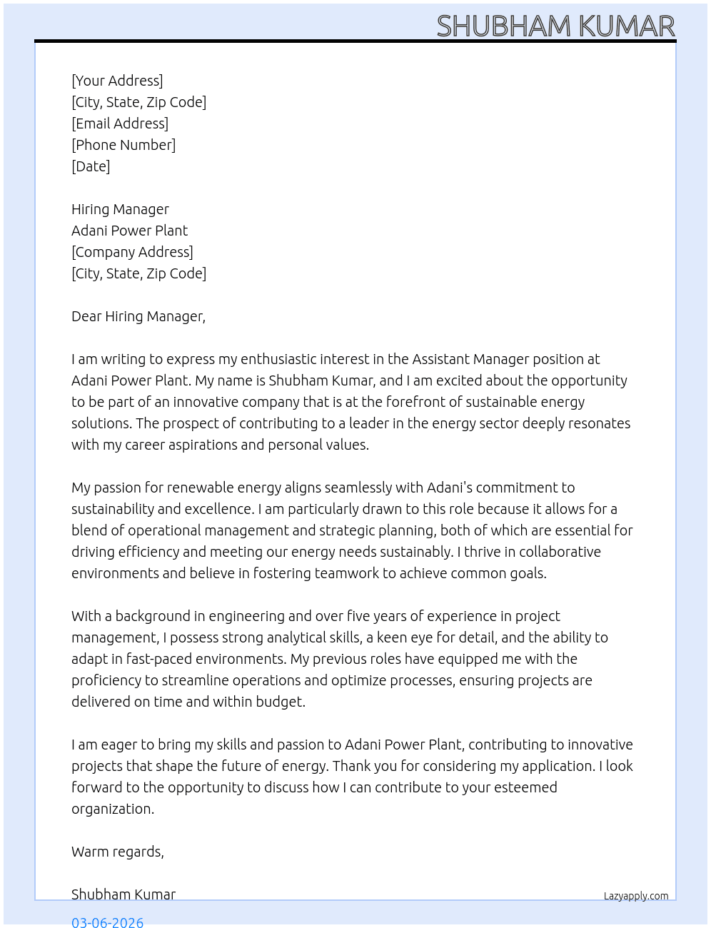 Assistant manager At Adani Power plant Cover Letter