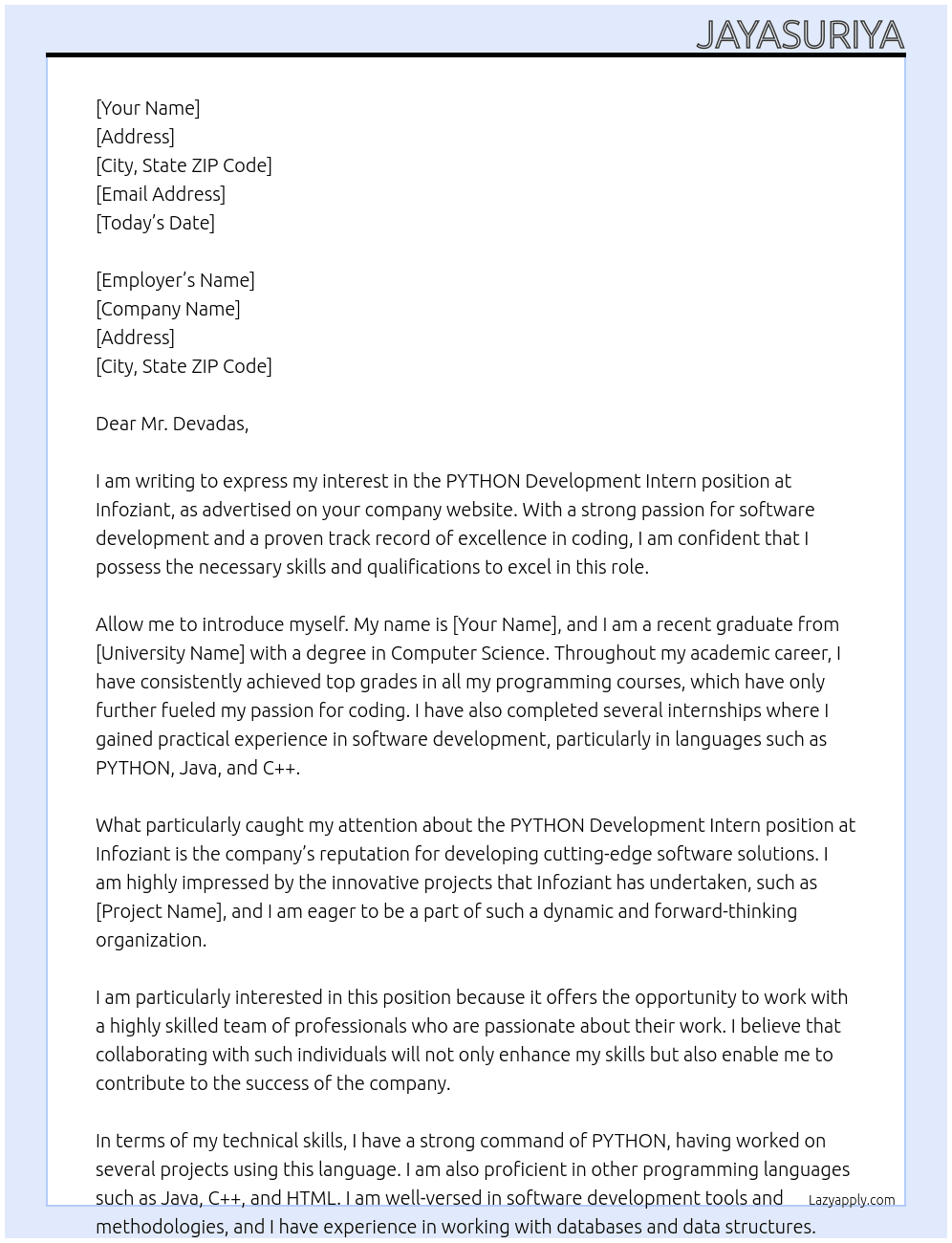 PYTHON development intern At Infoziant Cover Letter