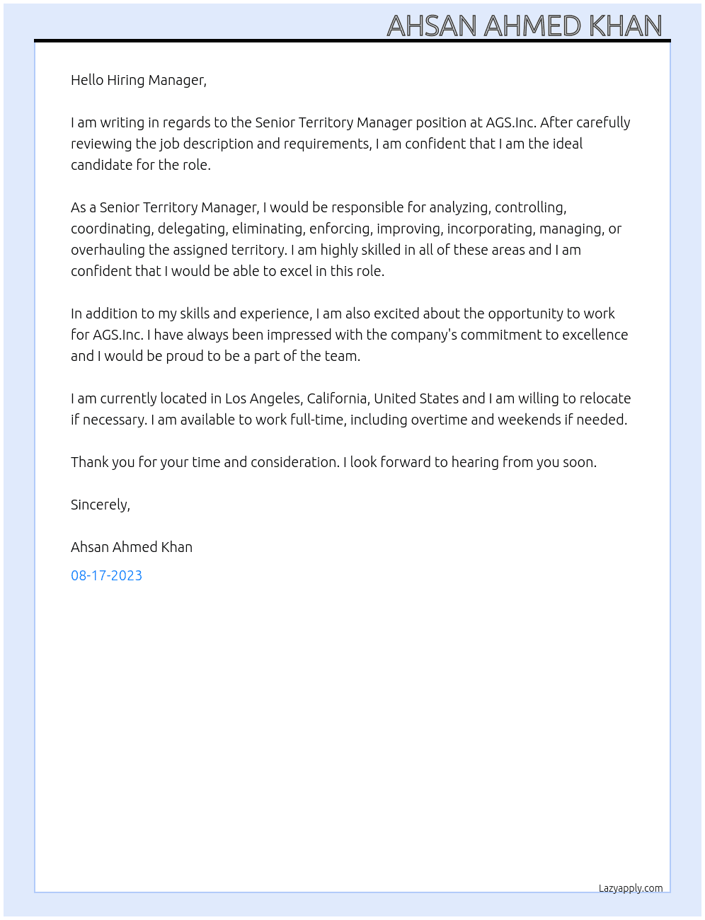 Senior Territory Manager  At AGS.Inc Cover Letter