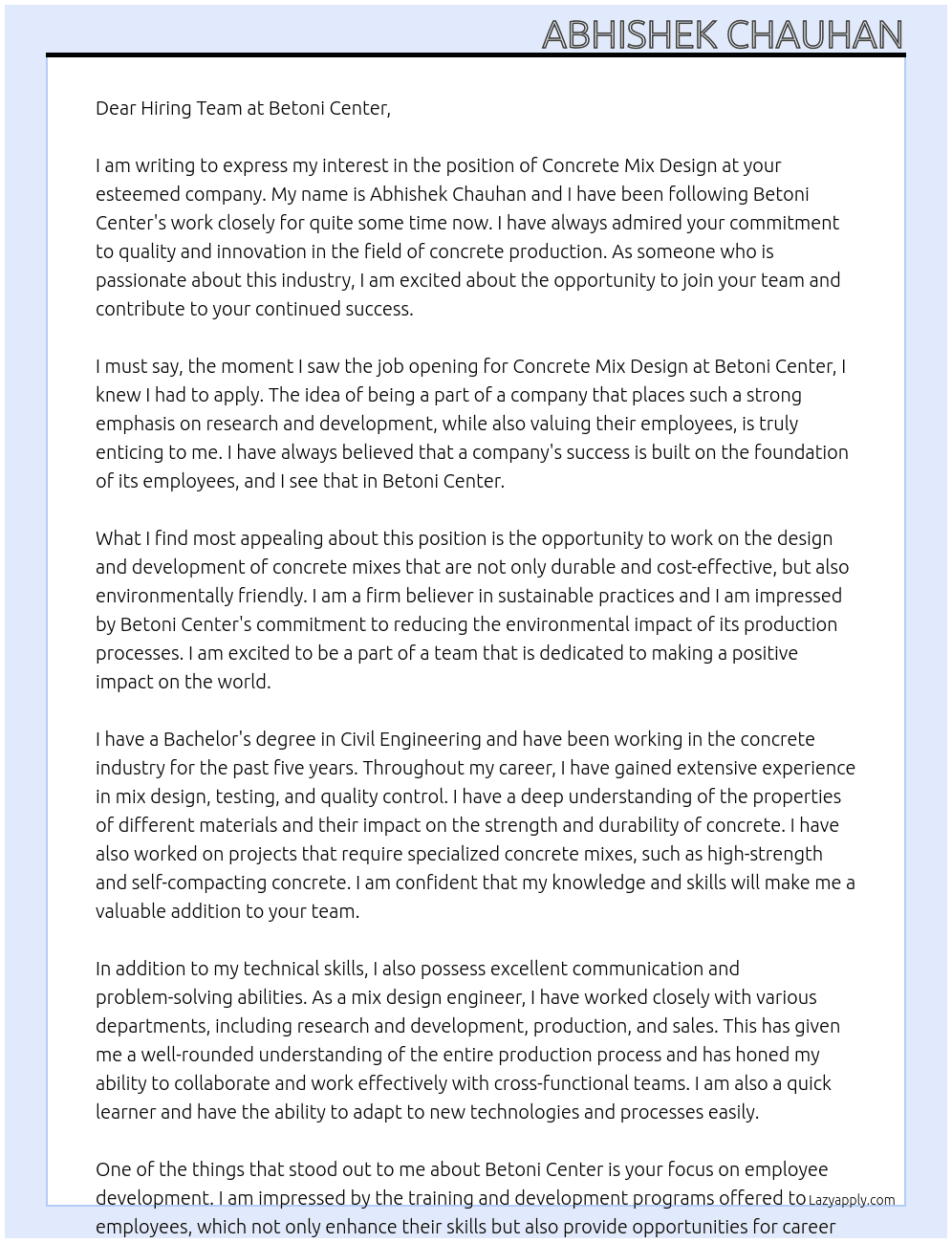 concrete mix design At Betoni center Cover Letter