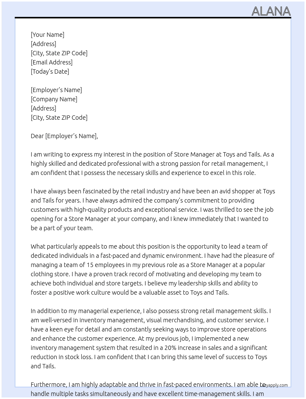 store manager At Toys and Tails Cover Letter