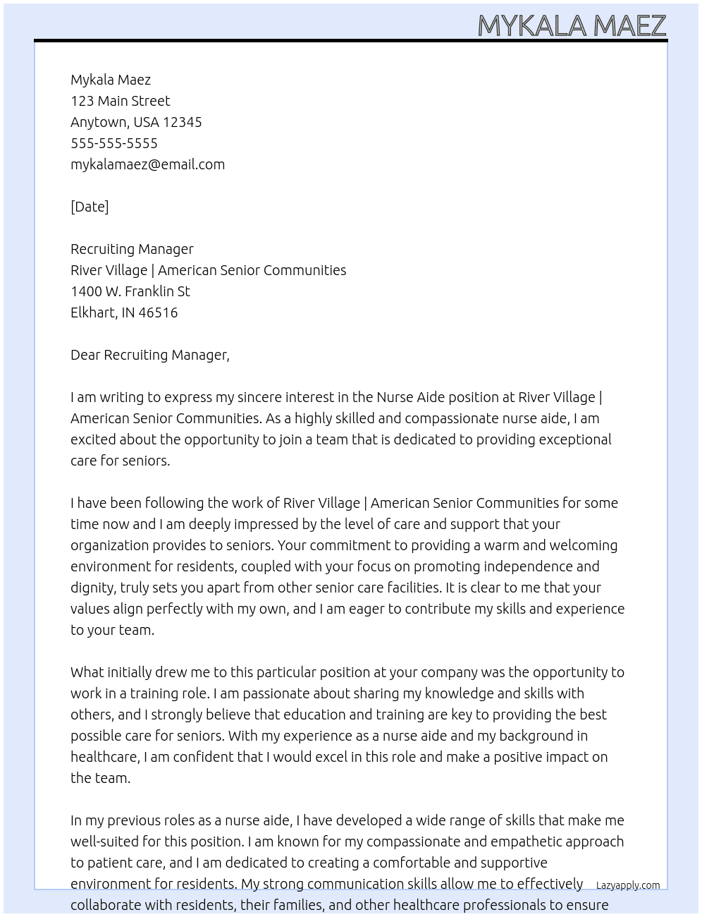 Nurse Aide  At River village | American Senior Communities Cover Letter