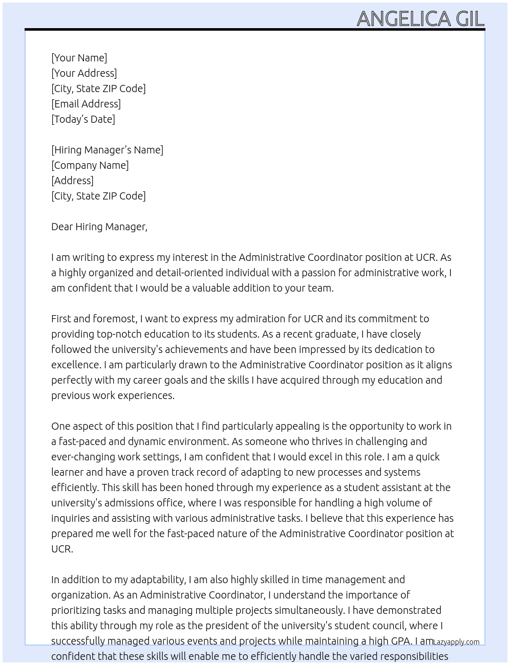 Administrative Coordinator At UCR Cover Letter