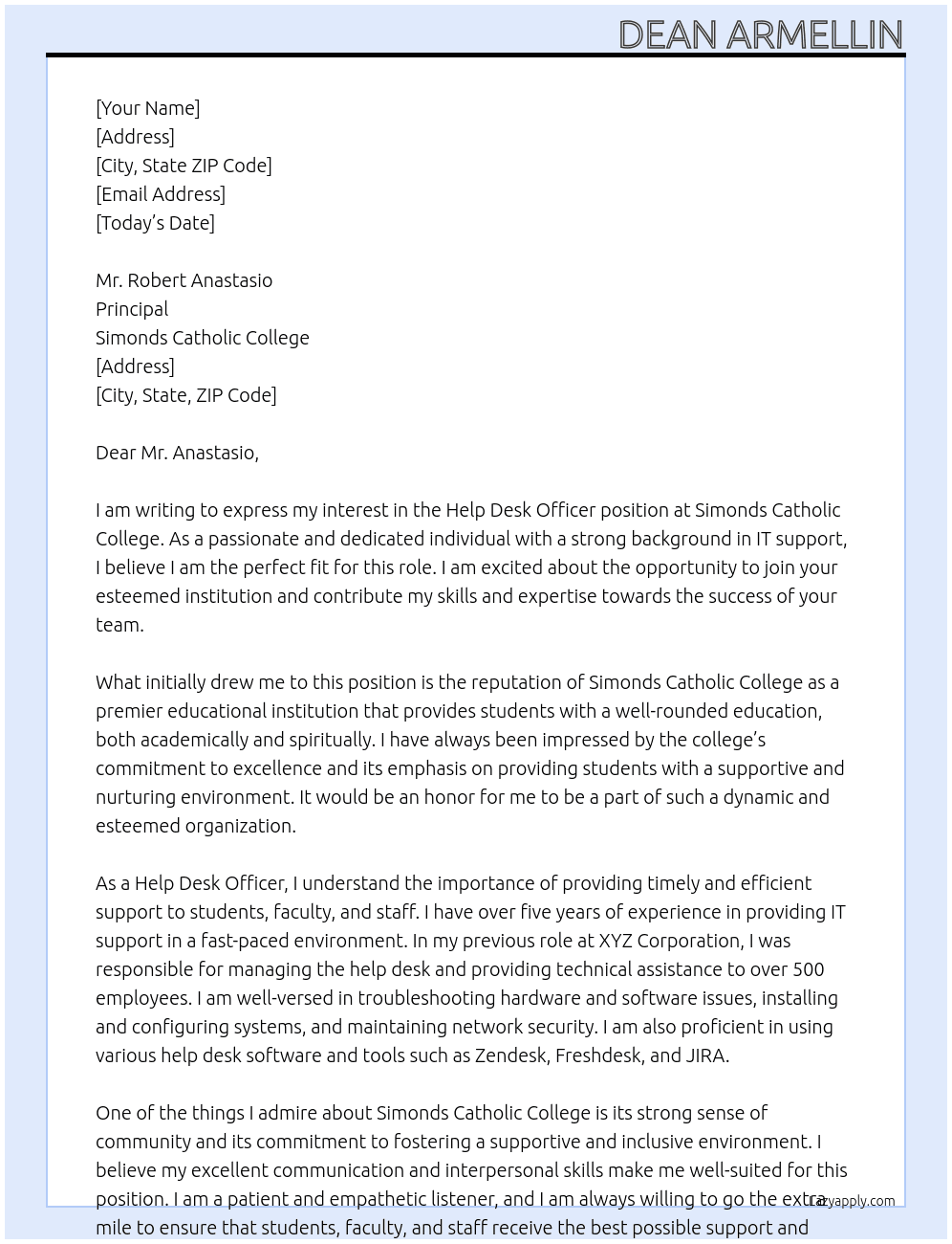 Help Desk Officer At Simonds Catholic College Cover Letter
