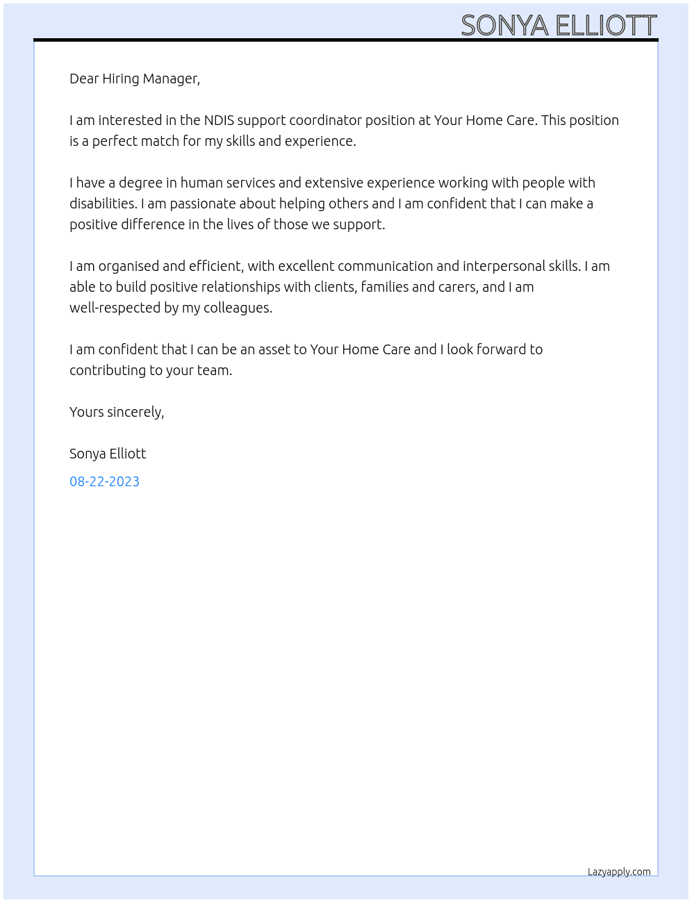 NDIS support coodinator At Your Home Care Cover Letter