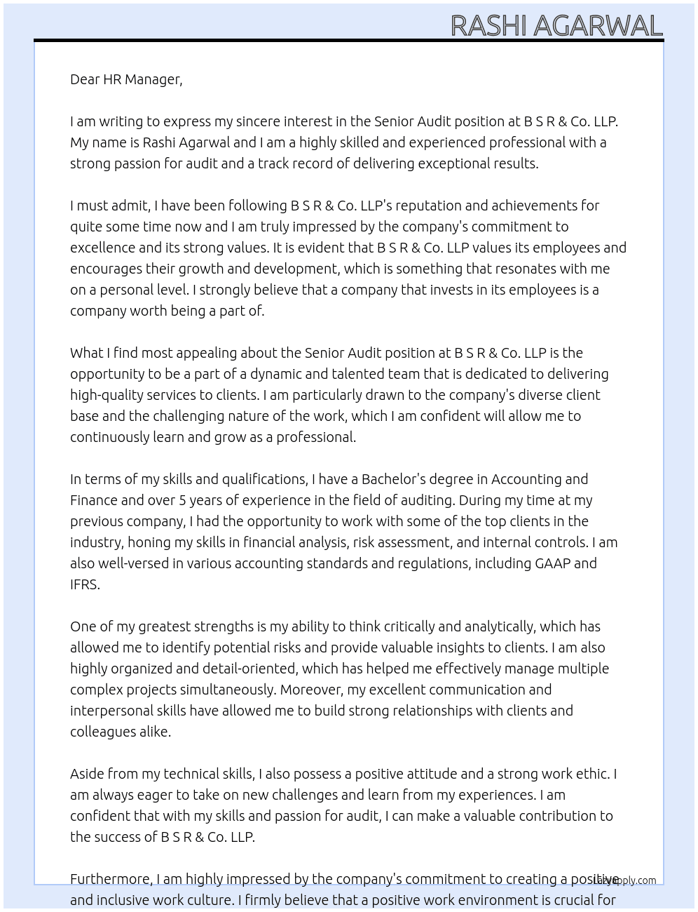 Senior- Audit At B S R & Co. LLP Cover Letter