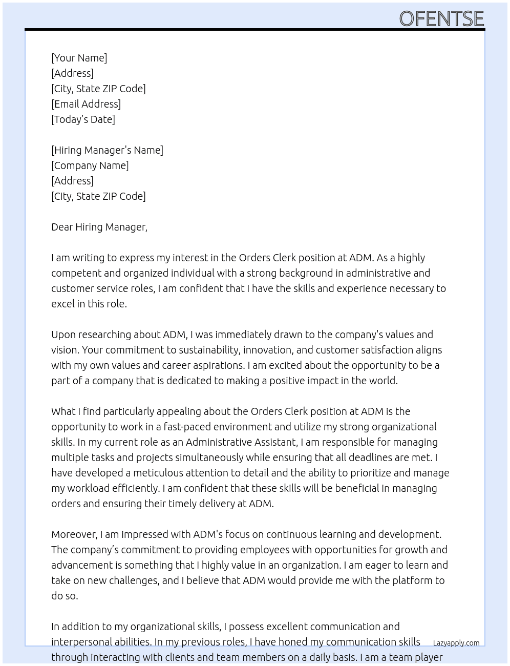 Orders clerk At ADM Cover Letter