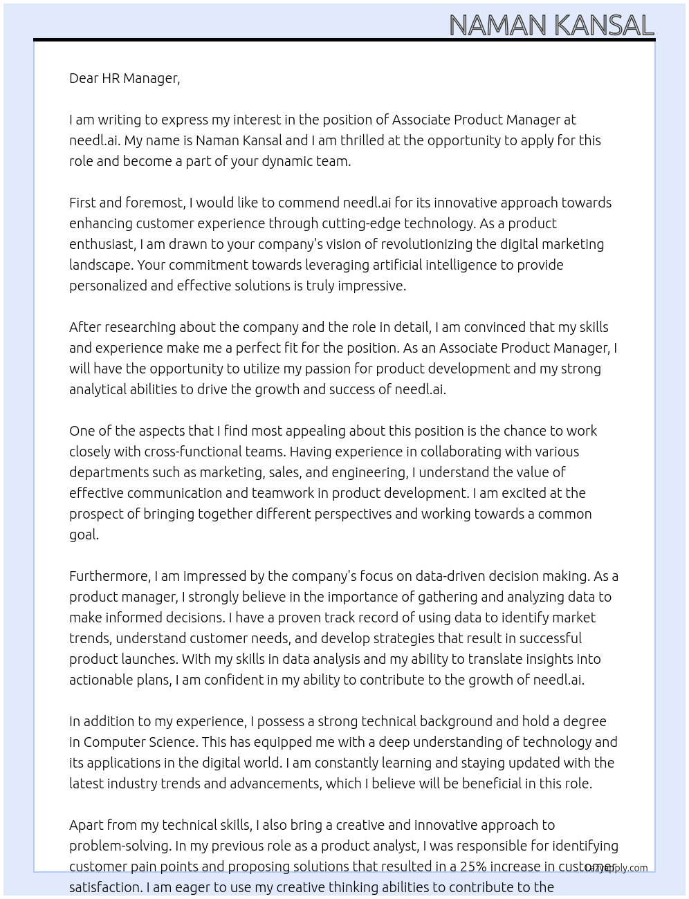 Associate Product Manager At needl.ai Cover Letter