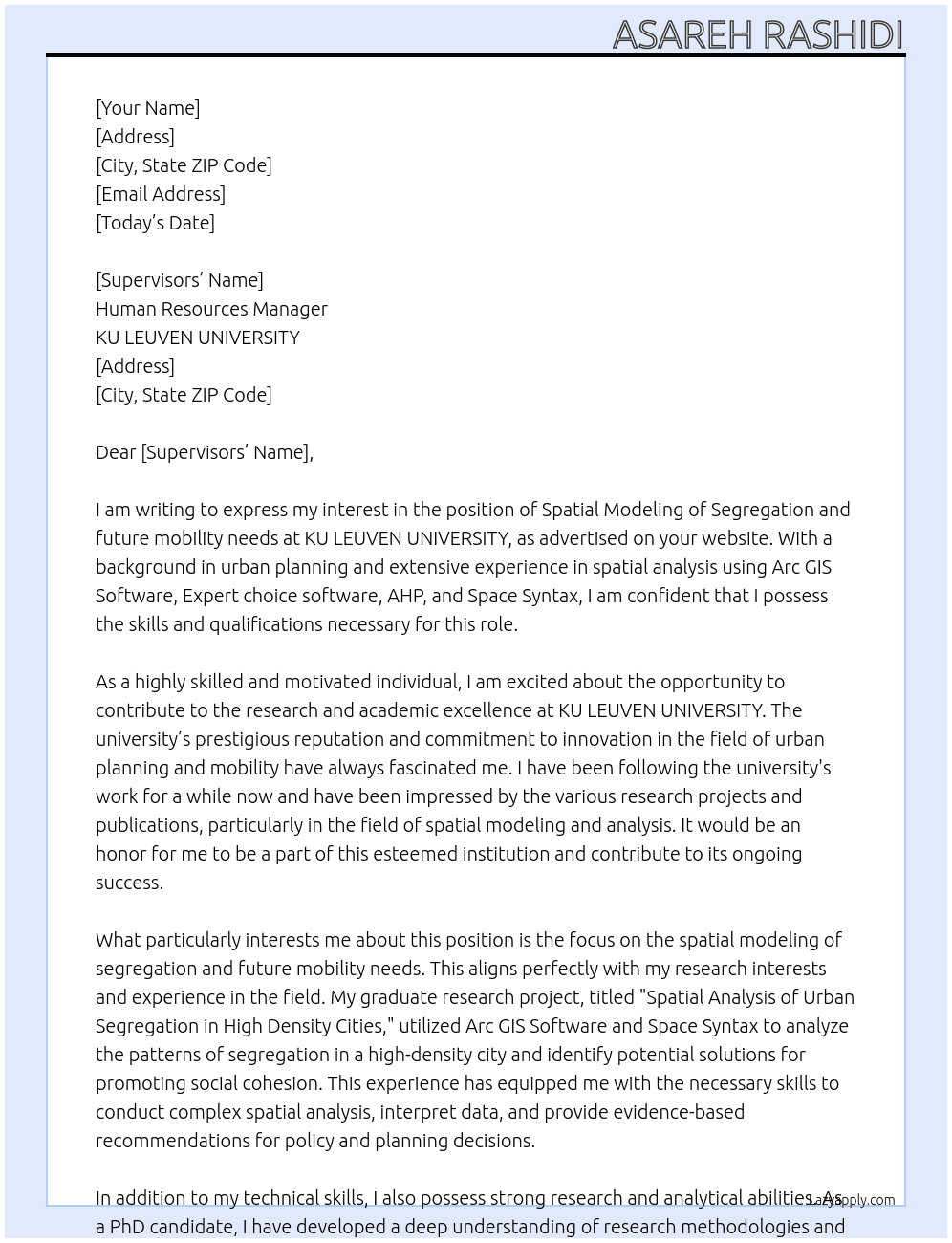 Spatial Modeling of Segregation and future mobility needs At KU LEUVEN UNIVERSITY Cover Letter