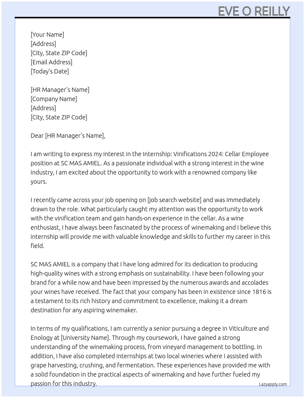 Internship: Vinifications 2024: cellar employe At  SC MAS AMIEL  Cover Letter