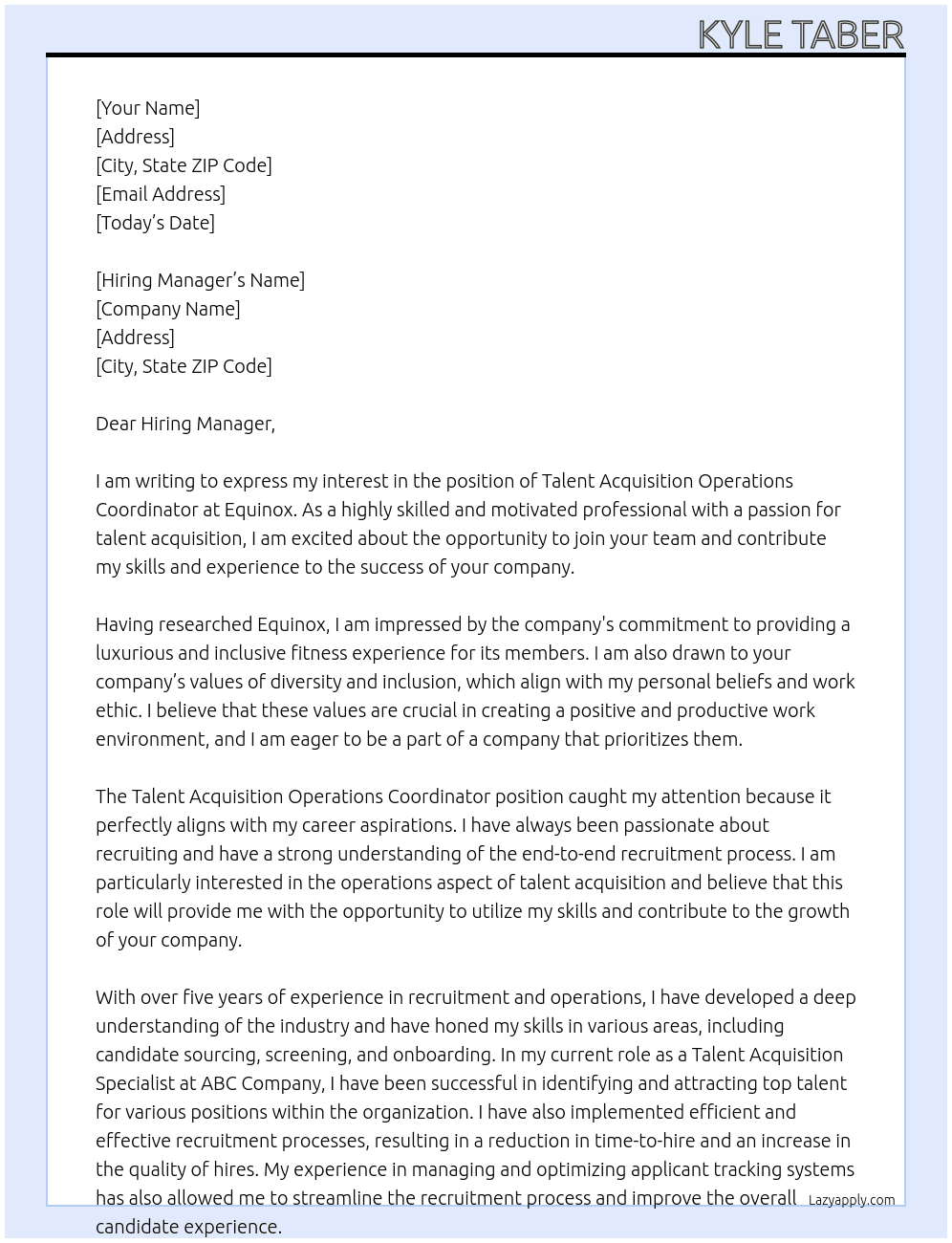 Talent Acquisition Operations Coordinator At Equinox Cover Letter