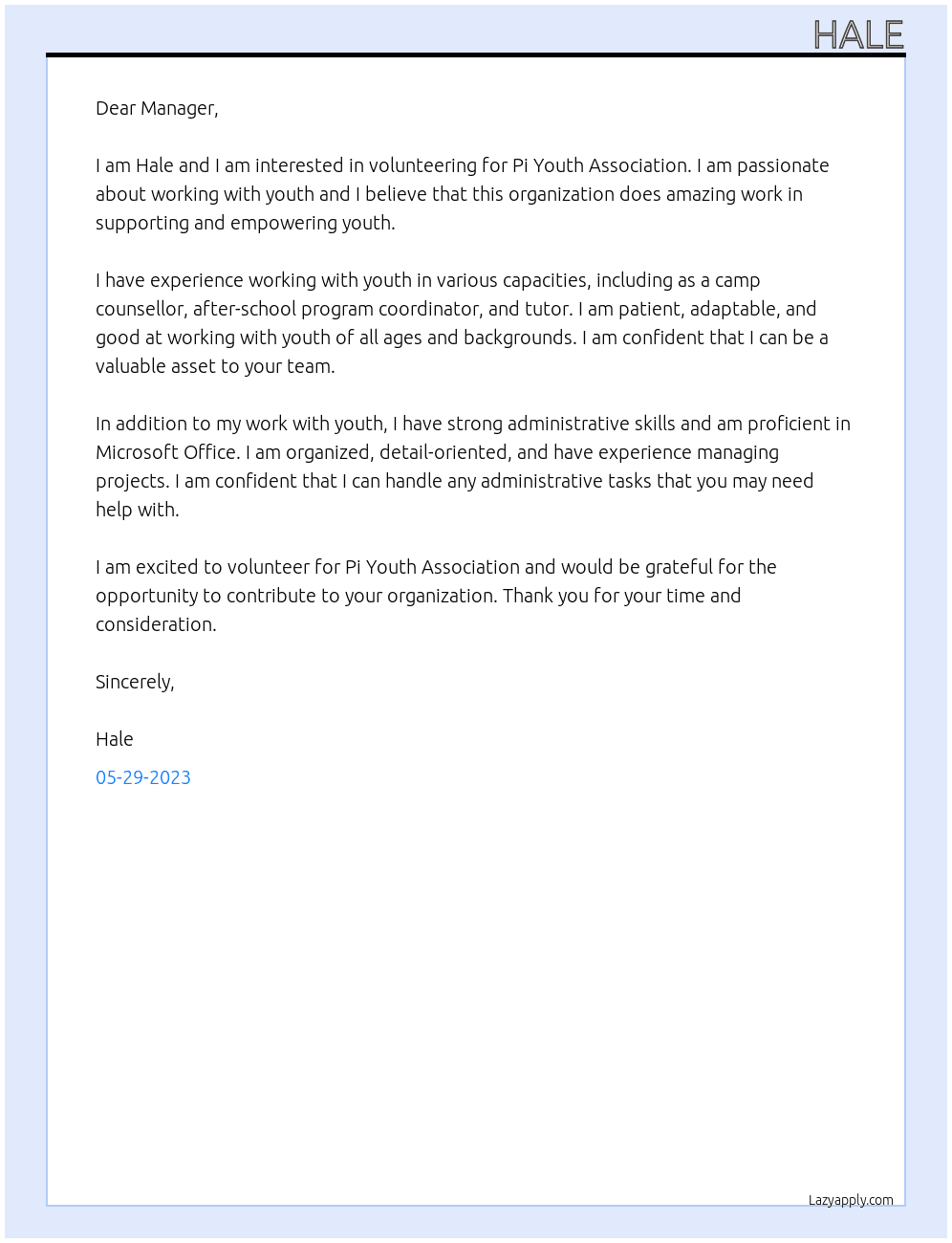 Volunteering At  Pi Youth Association Cover Letter