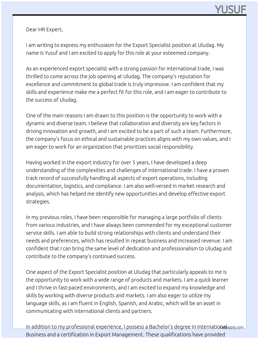 export specialist At uludag Cover Letter