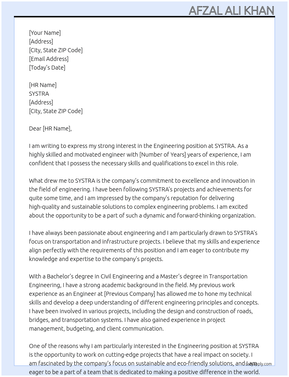 Engineering At SYSTRA Cover Letter