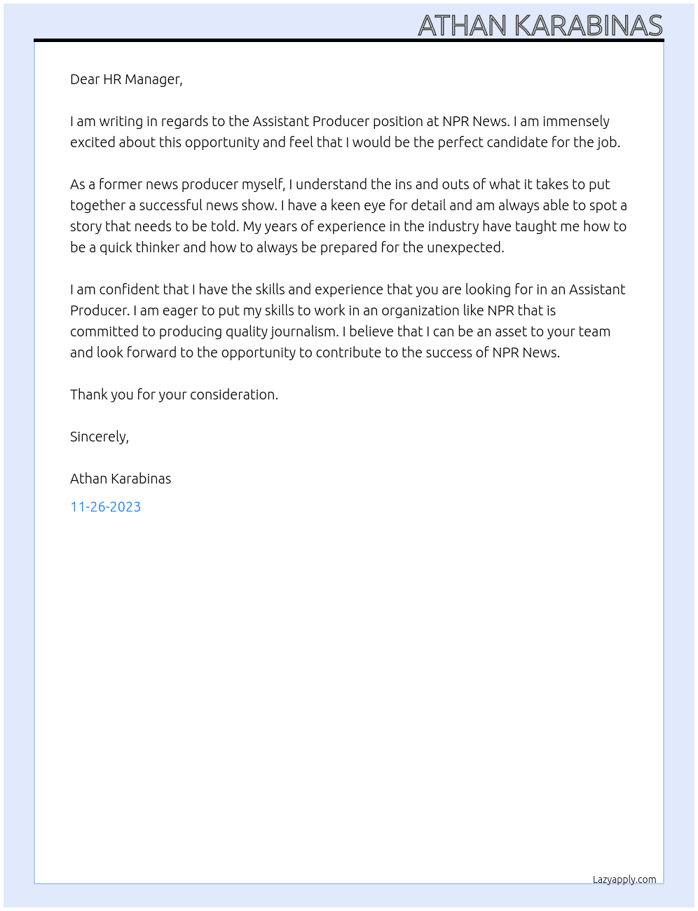 Assistant Producer At npr news  Cover Letter