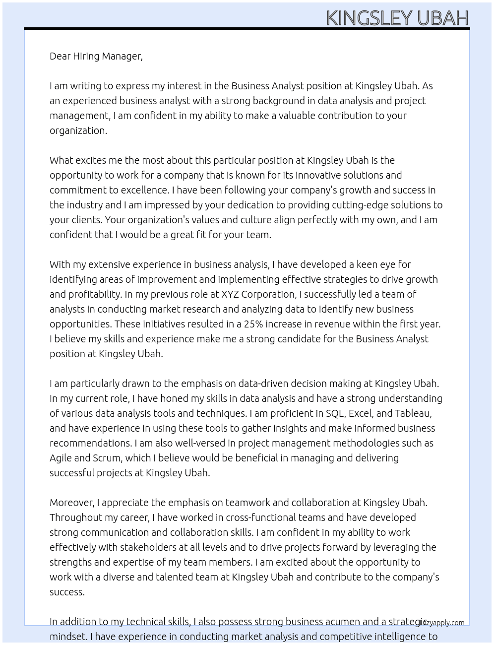 Business Analyst At Kingsley Ubah Cover Letter