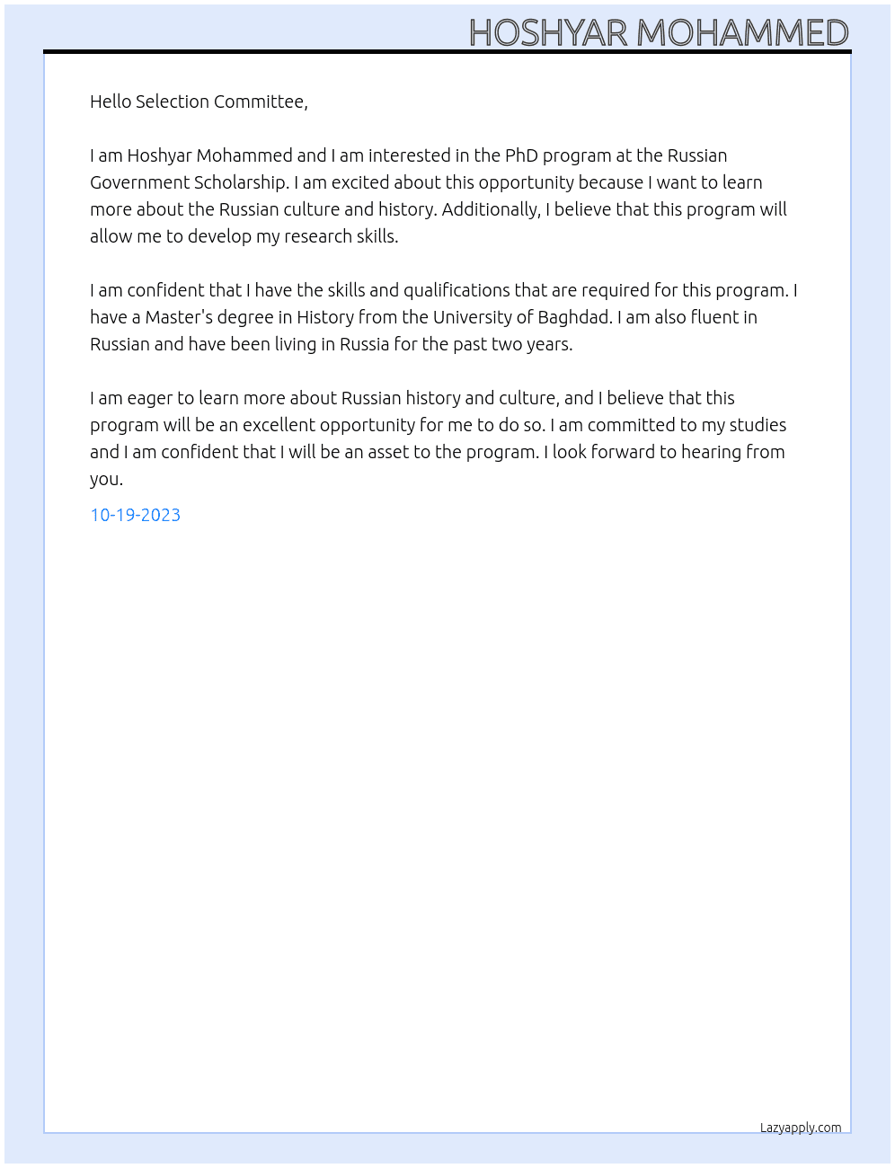 PhD program At Russian Government Scholarship Cover Letter
