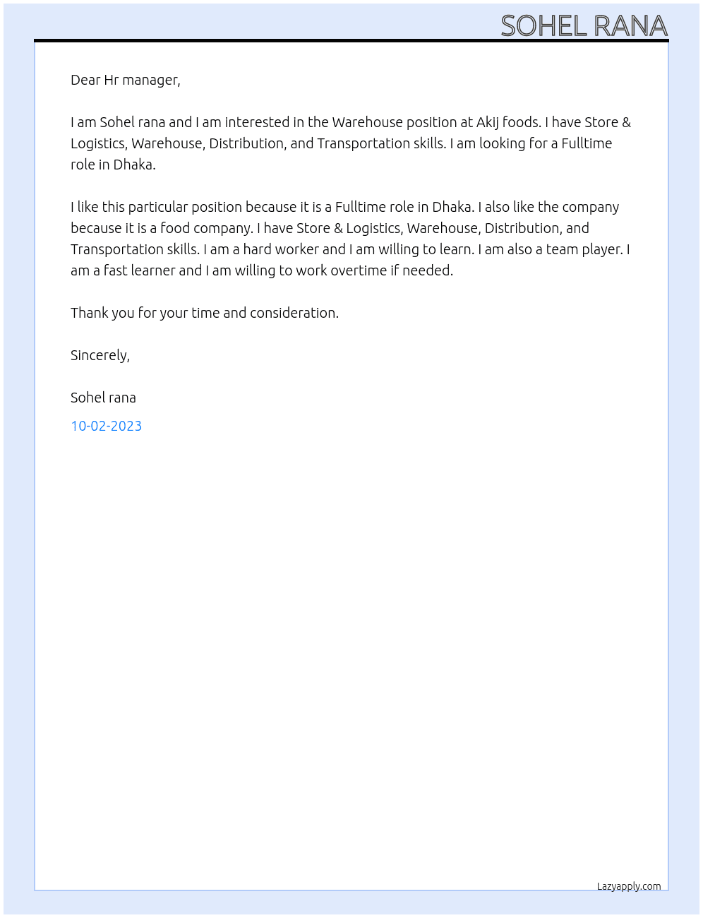 Warehouse At Akij foods Cover Letter