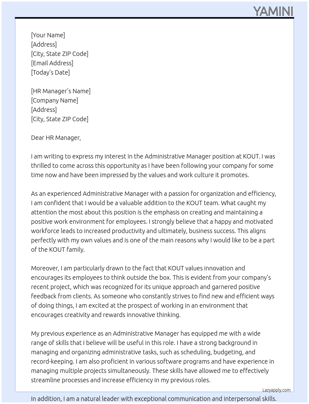 ADMINISTRATIVE MANAGER At KOUT Cover Letter