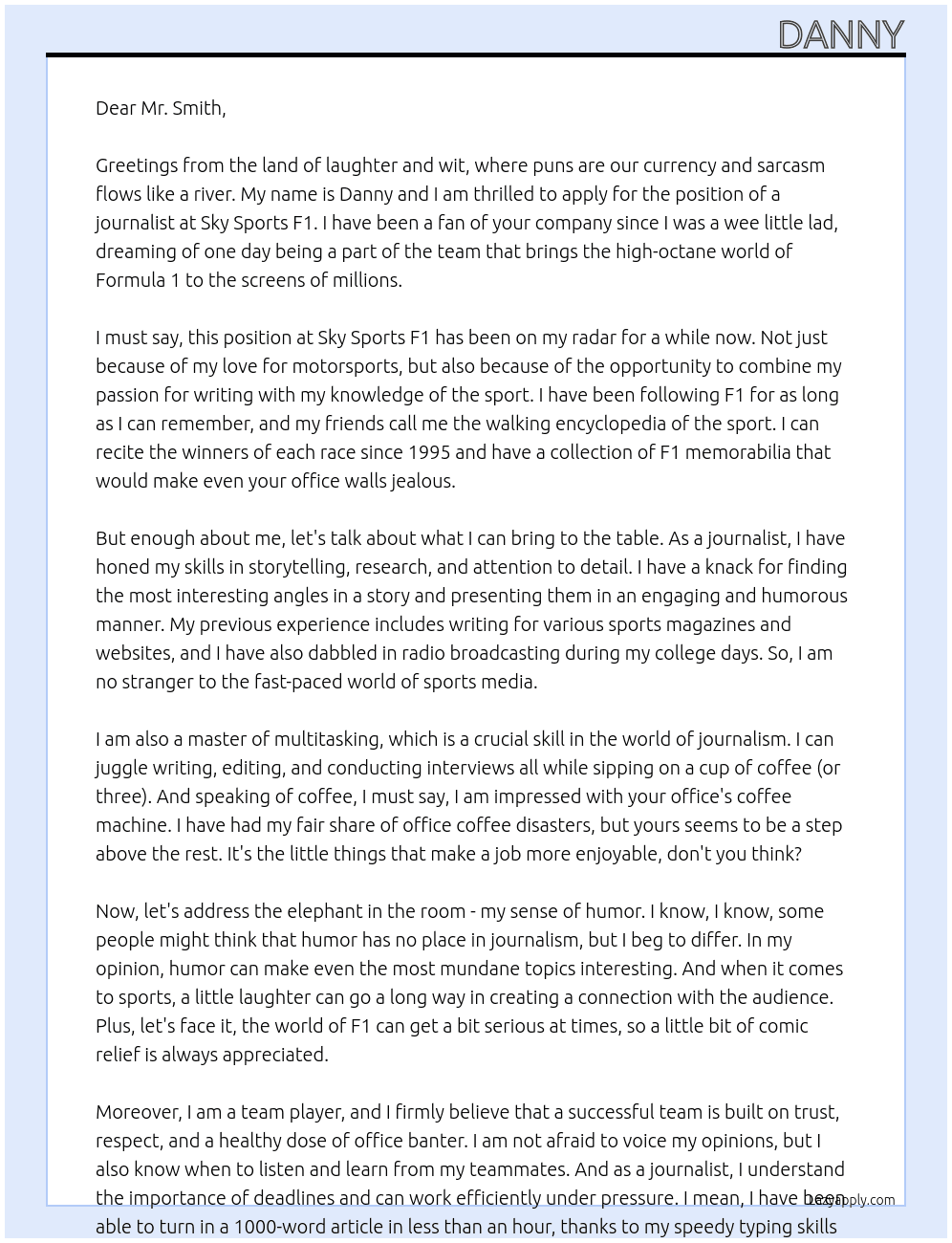 journalist At sky sports f1 Cover Letter