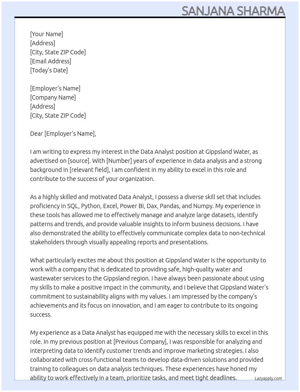 Data Analyst At Gippsland Water Cover Letter