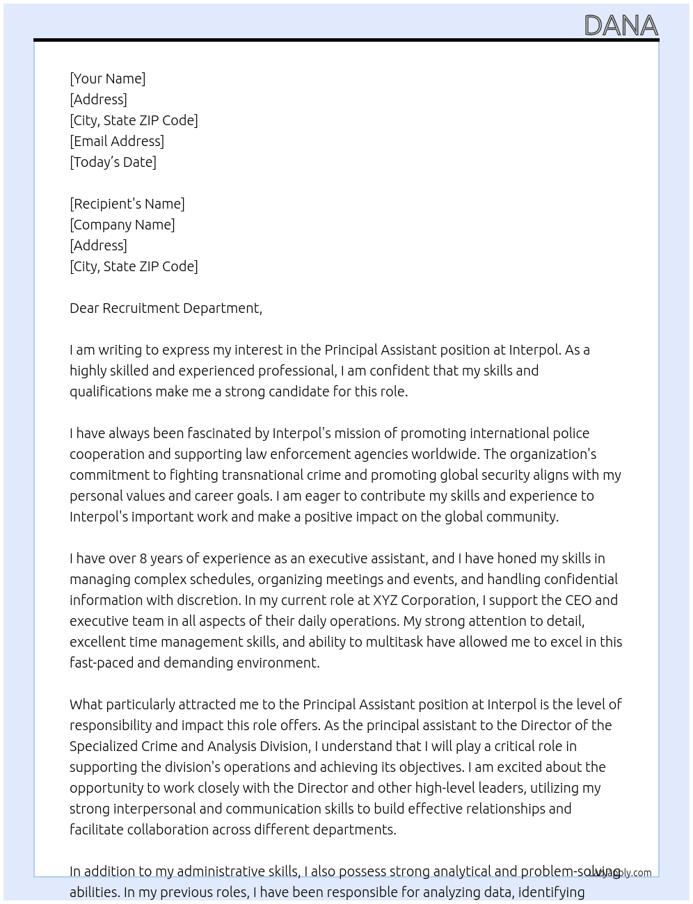 Principal Assistan At Interpol Cover Letter