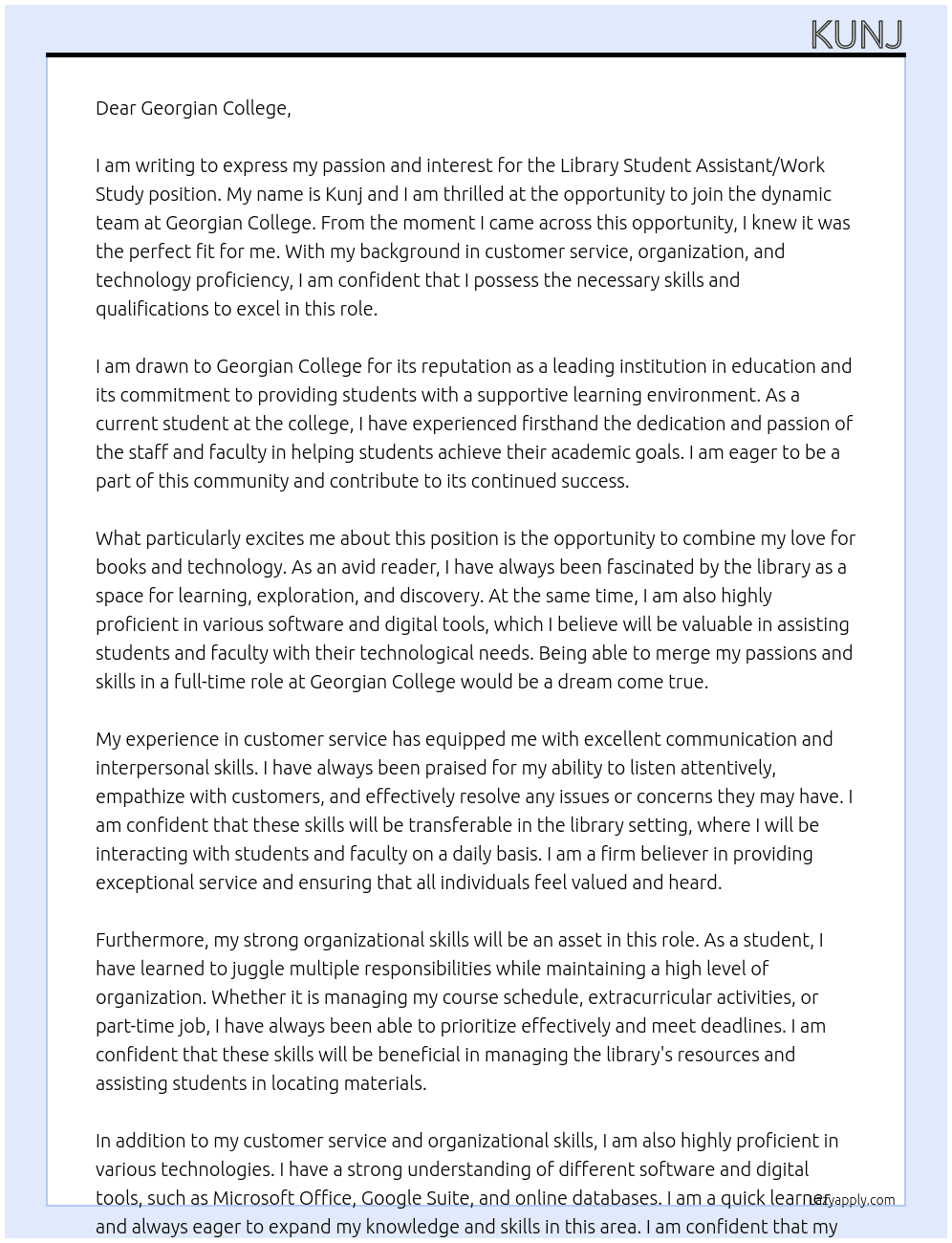 Library Student Assistant/Work Study At Georgian College Cover Letter