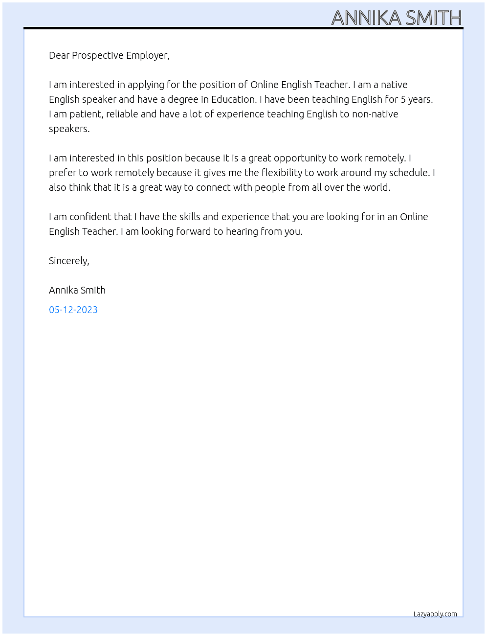 Online English Teacher At Prospective Employer  Cover Letter