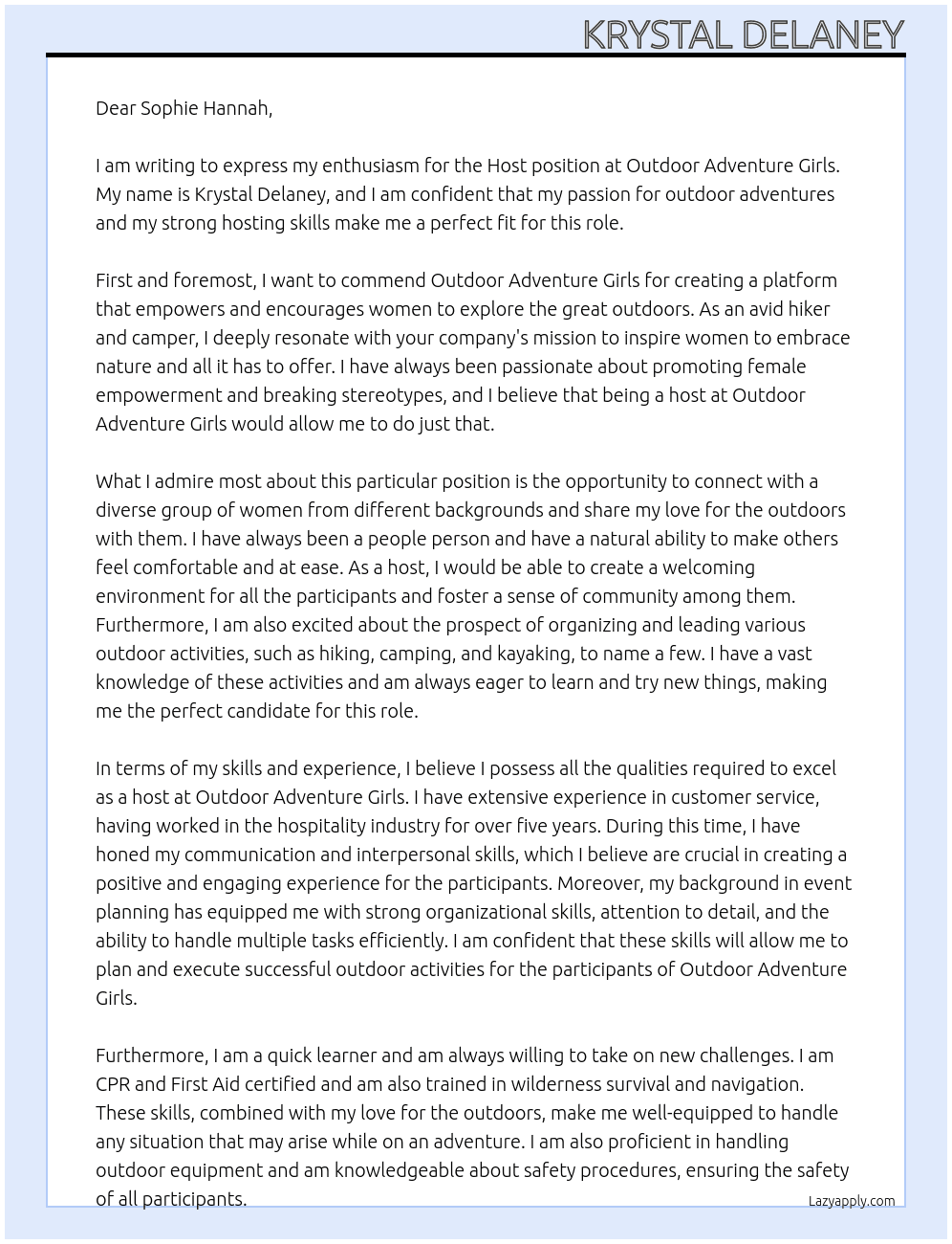 Host At Outdoor Adventure Girls Cover Letter