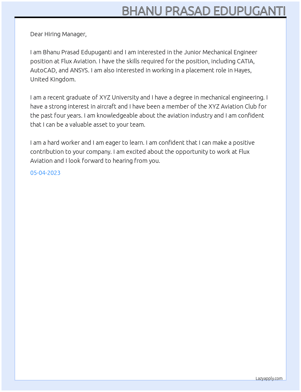 Junior Mechanical Engineer At  Flux Aviation Cover Letter