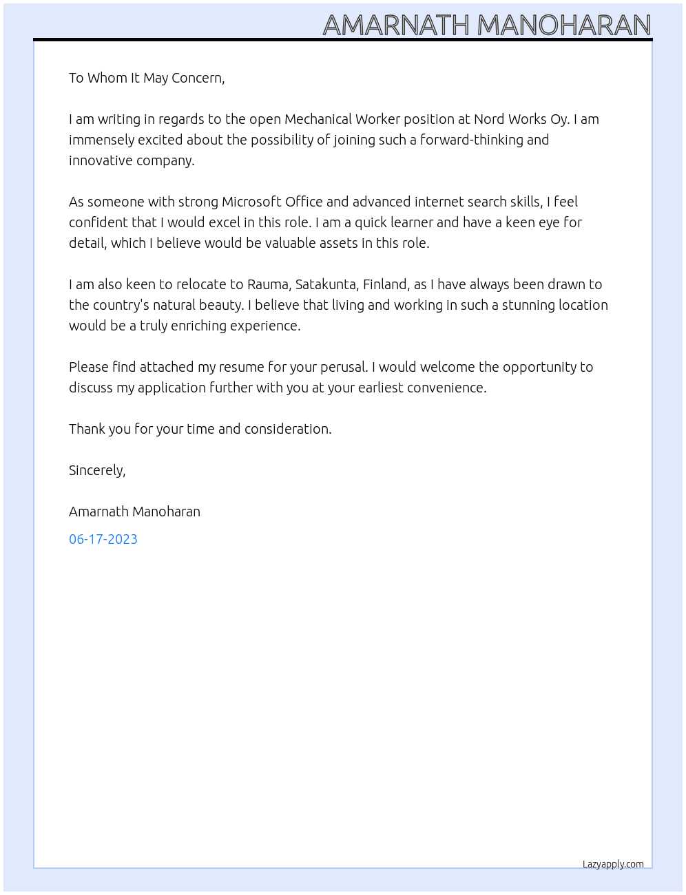 Mechanical Worker At Nord Works Oy Cover Letter