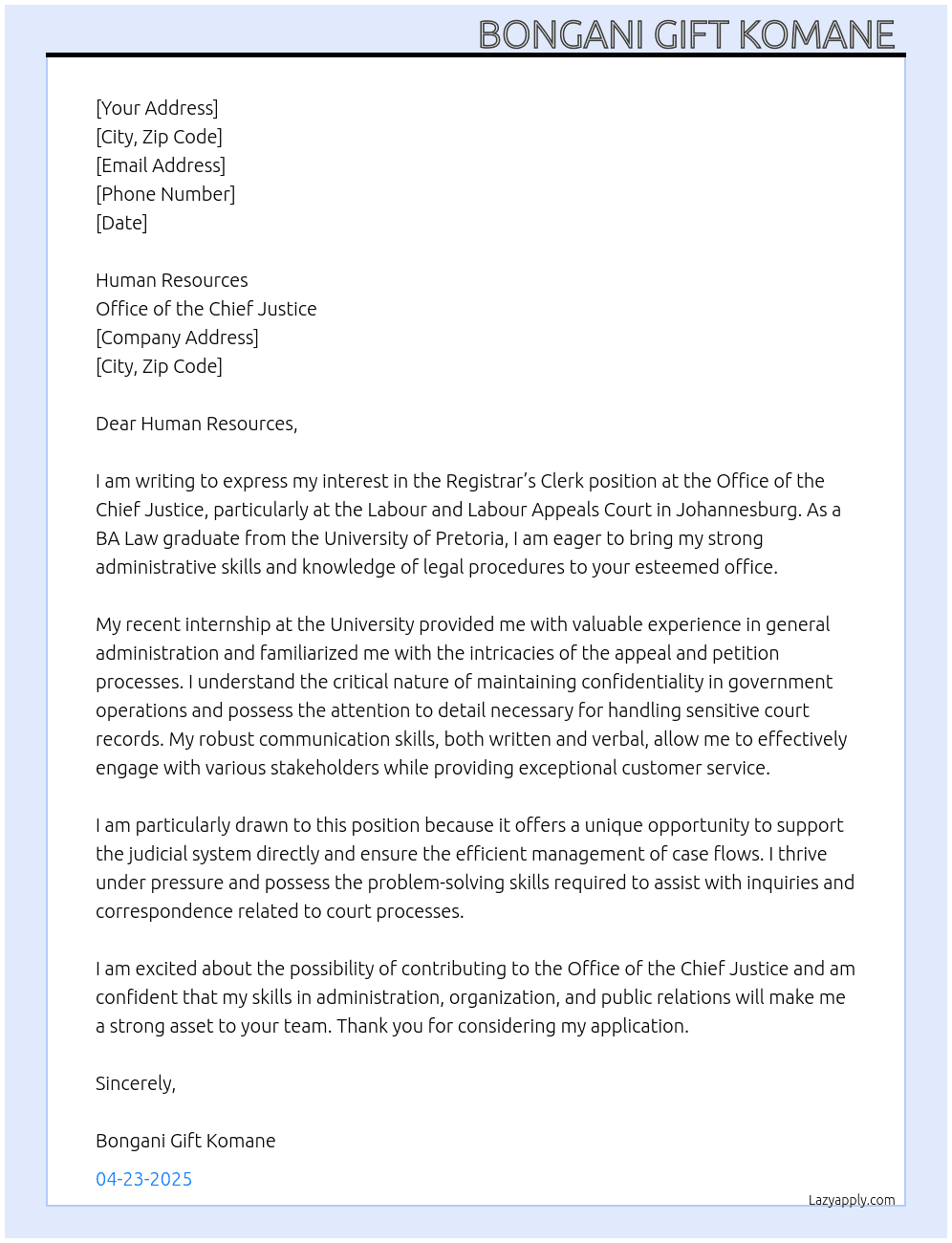 REGISTRAR’S CLERK At Office of the Chief Justice  Cover Letter