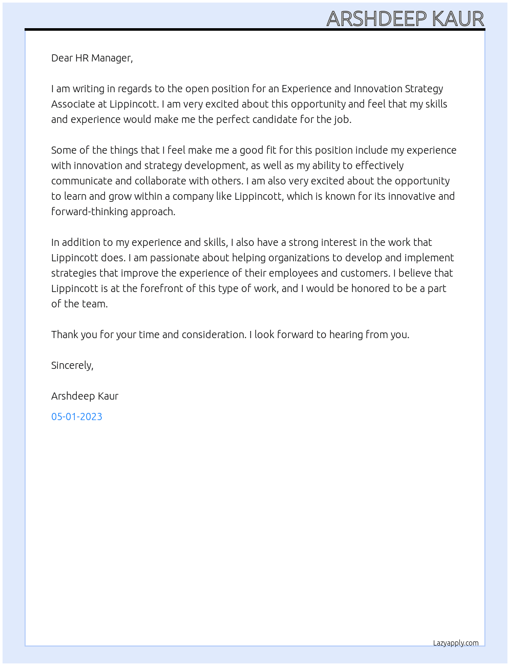 Experience and Innovation Strategy Associate At Lippincott Cover Letter