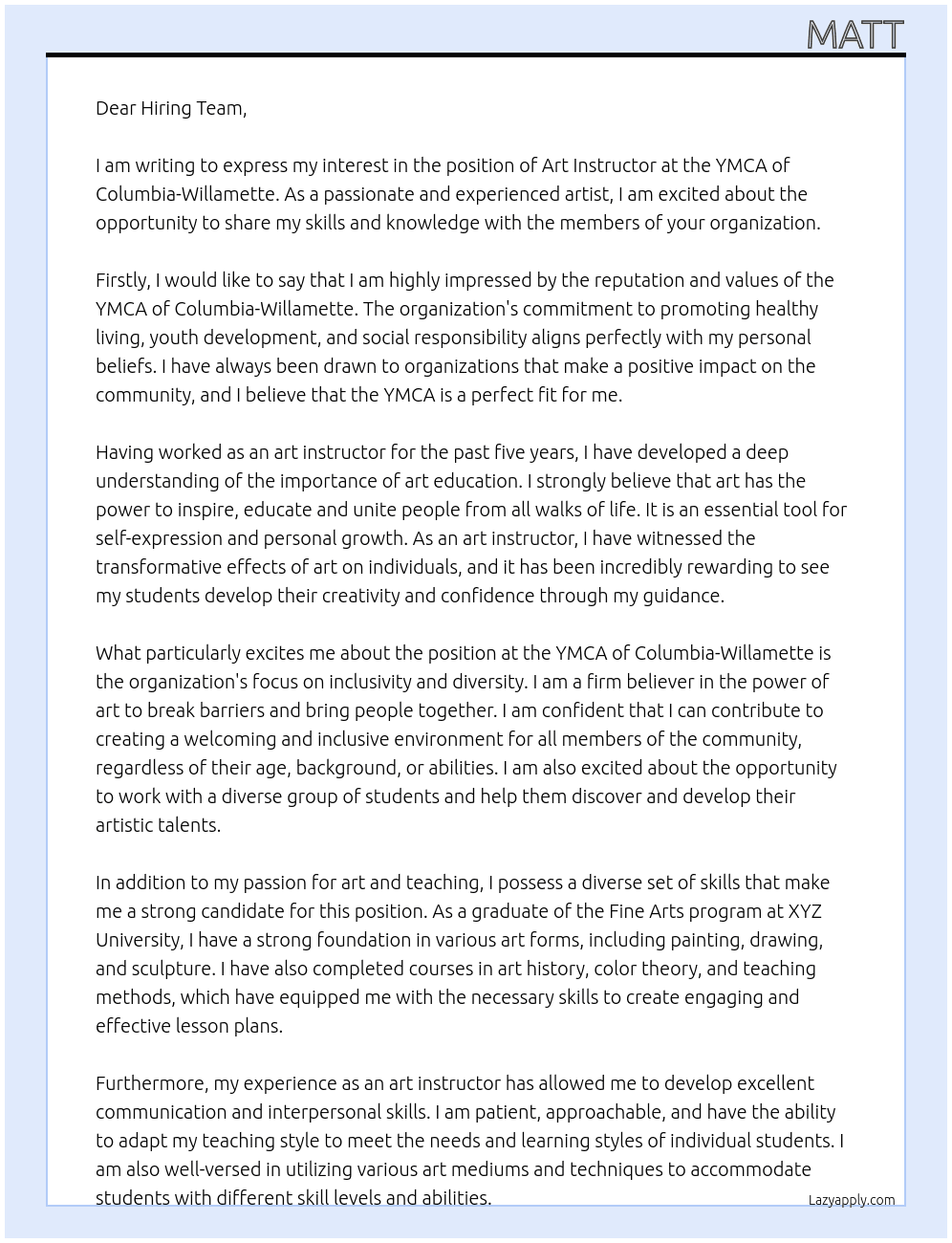 art instructor At YMCA of Columbia-Willamette Cover Letter