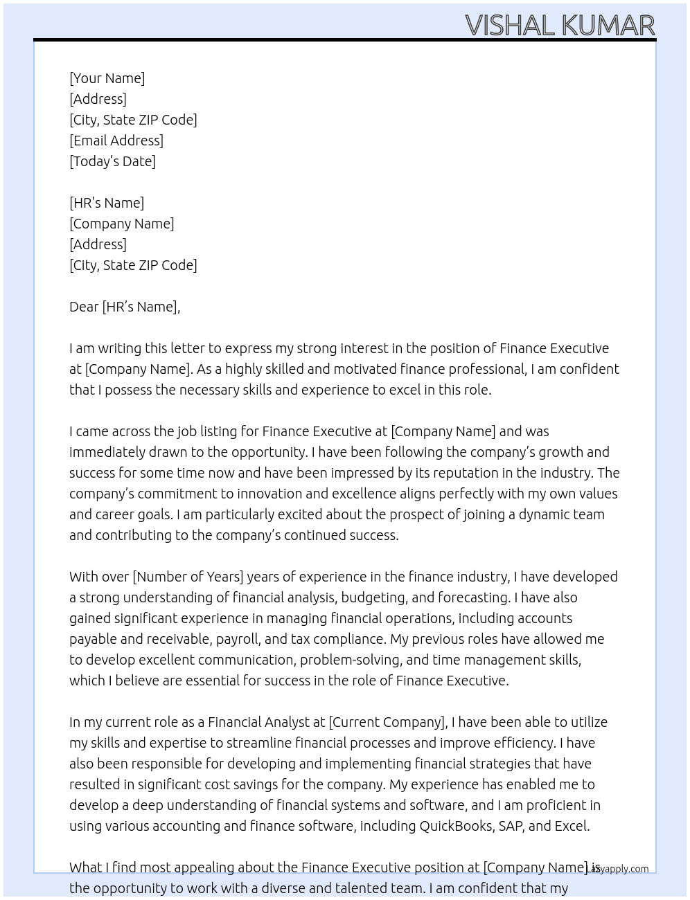 Finance executive  At Finance  Cover Letter