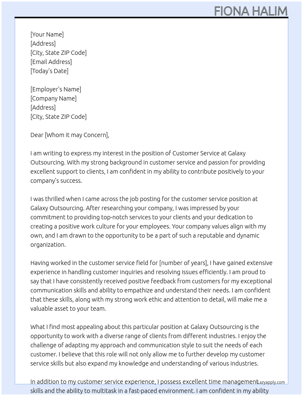 customer service At Galaxy Outsourcing Cover Letter