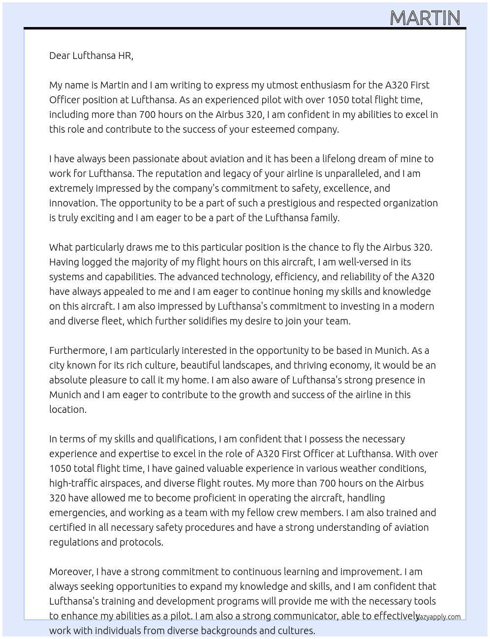 A320 First officer At Lufthansa Cover Letter