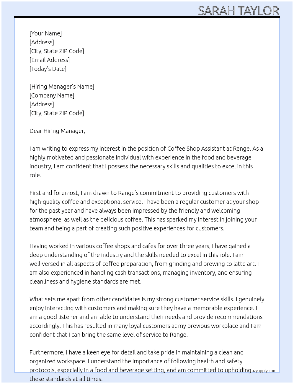 Coffee shop assistant At Range Cover Letter