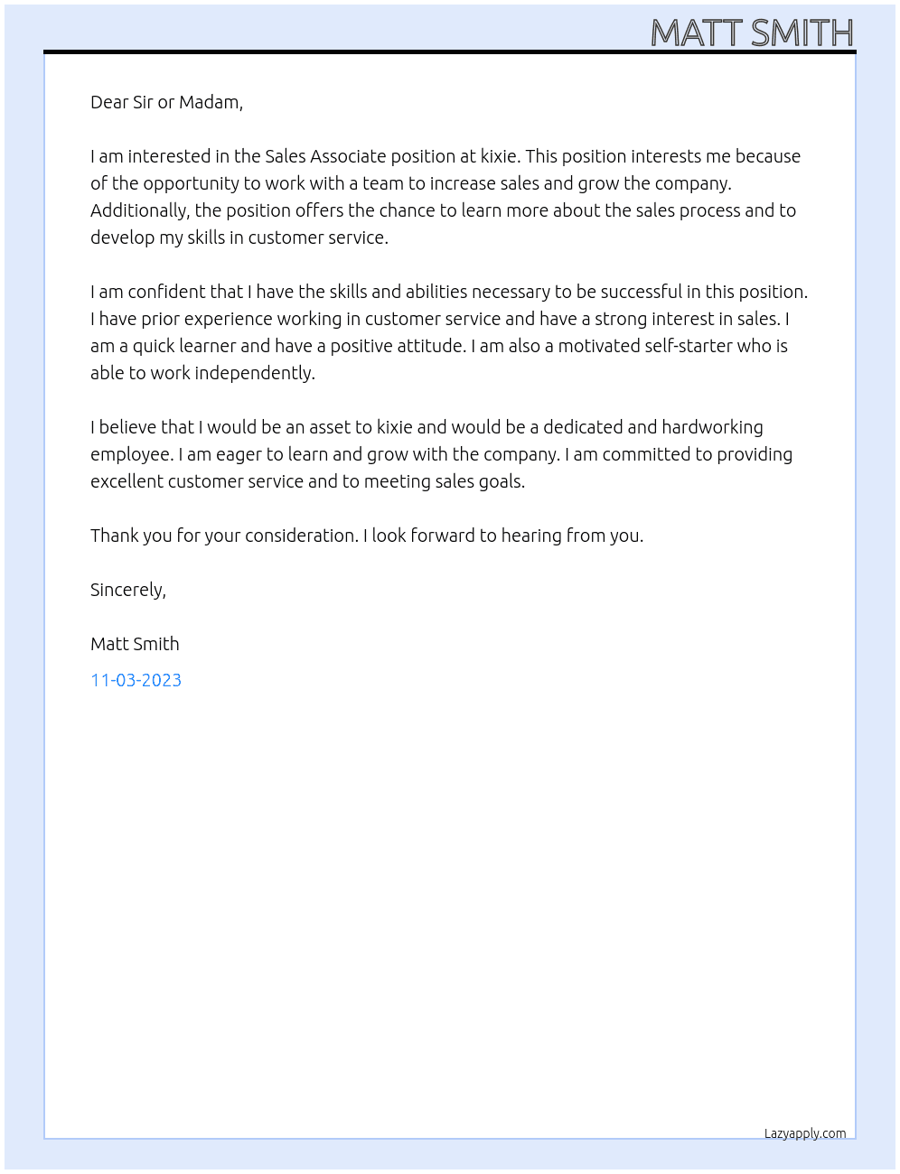 Sales Associate At kixie Cover Letter