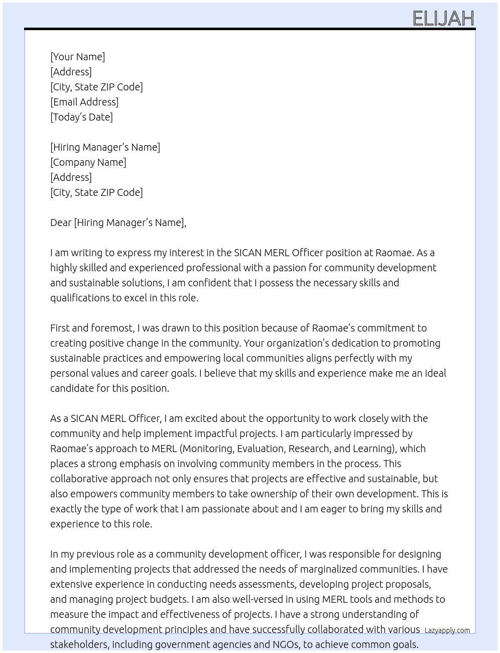 SICAN MERL Officer At Raomae Cover Letter
