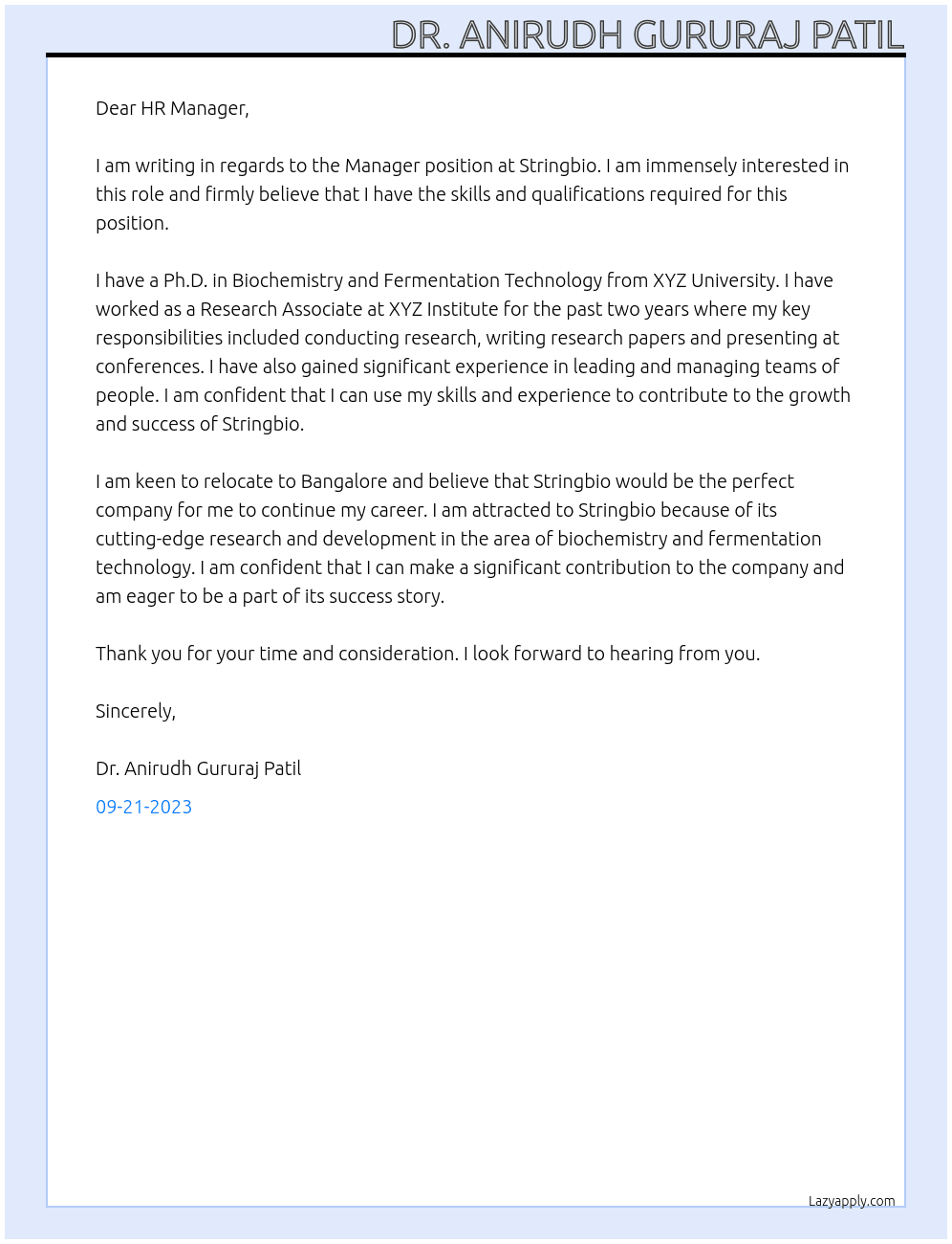 Manager At Stringbio Cover Letter