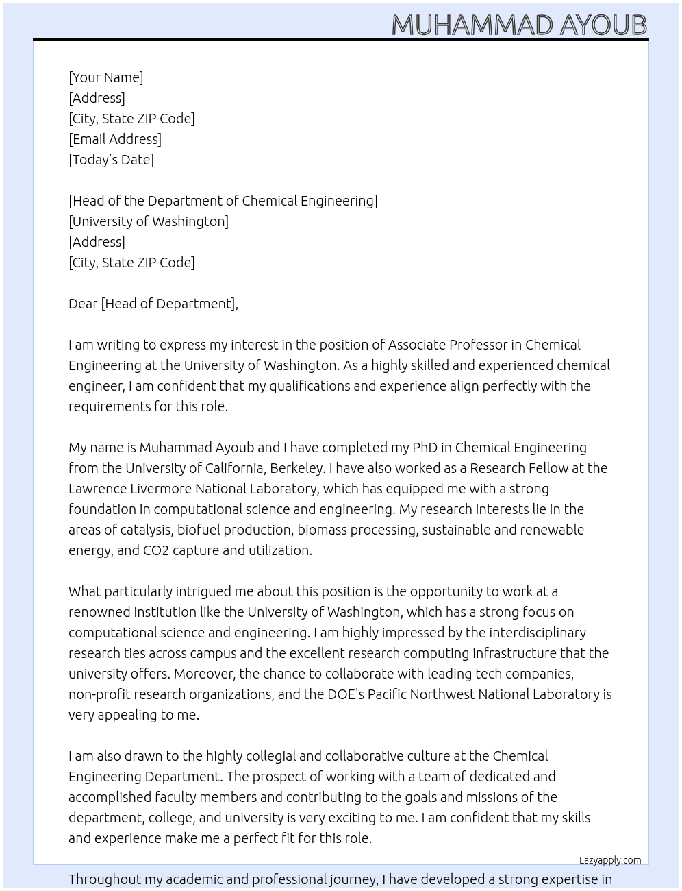 Assisoc Professor in Chemical Engineering At University of Washington USA Cover Letter