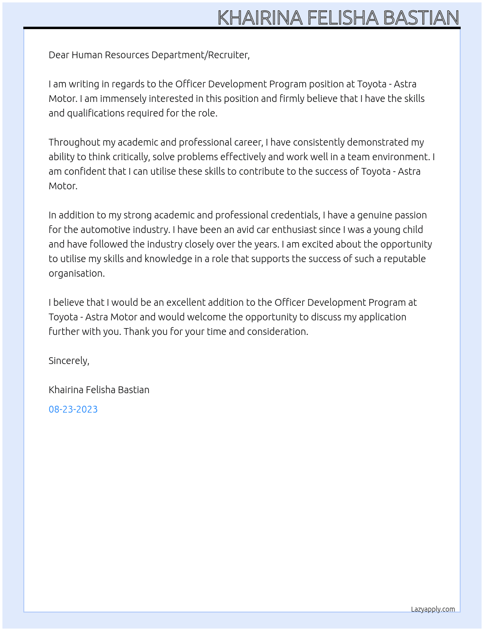 Officer Development Program At Toyota - Astra Motor Cover Letter