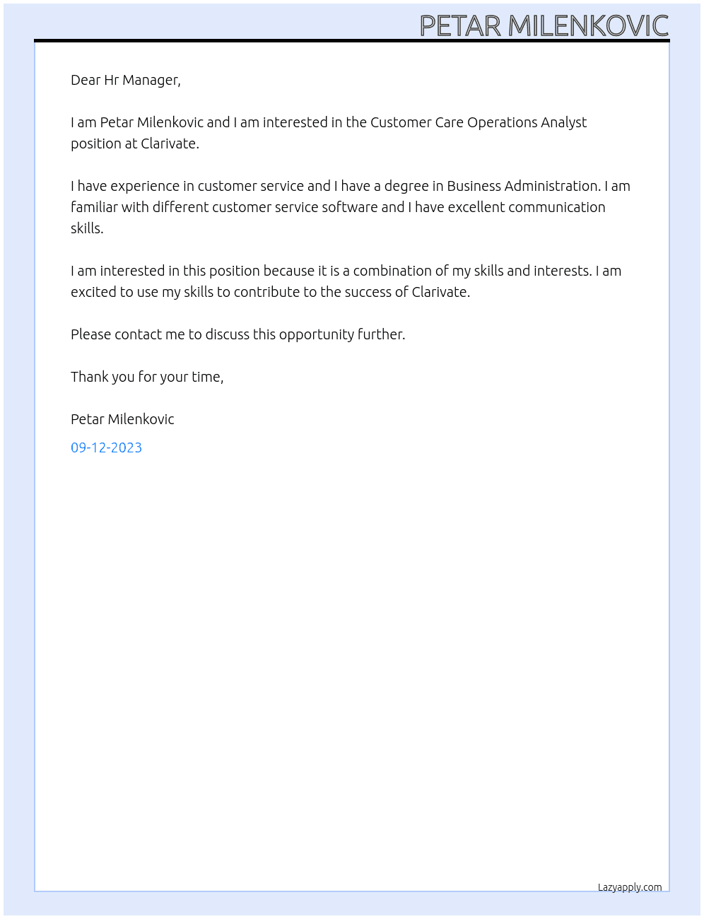 Customer Care Operations Analyst At Clarivate Cover Letter