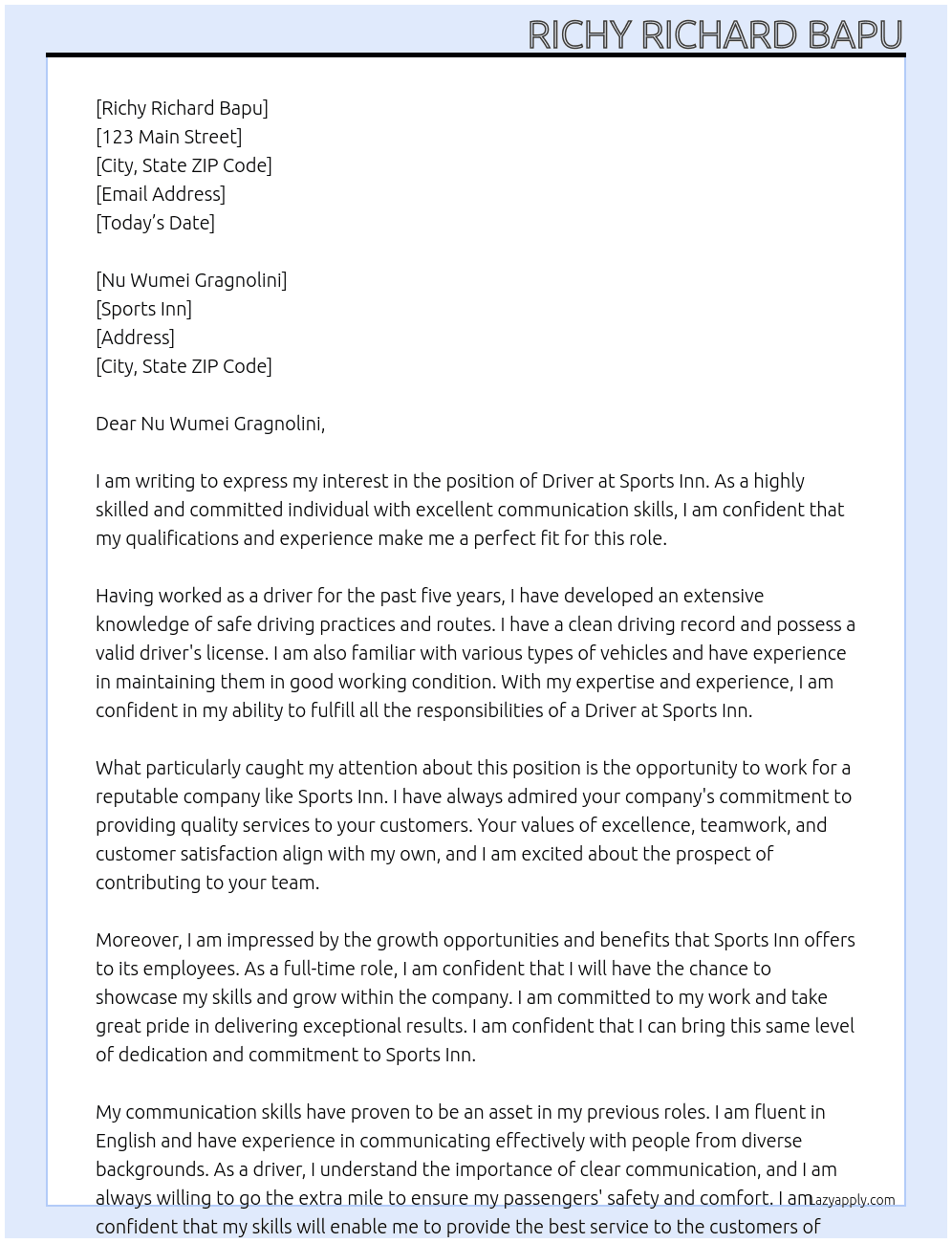 Driver At Sports inn Cover Letter
