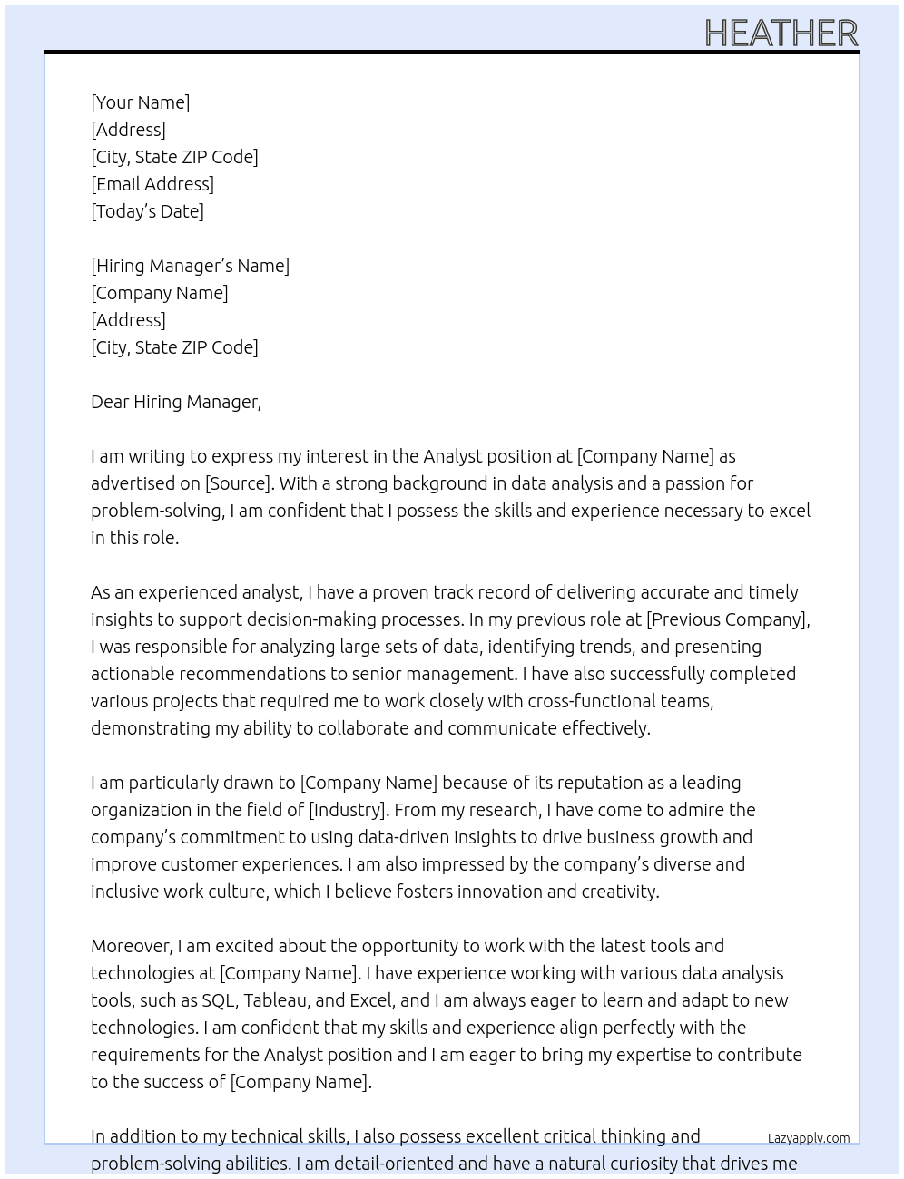 analyst At Canadian Cover Letter