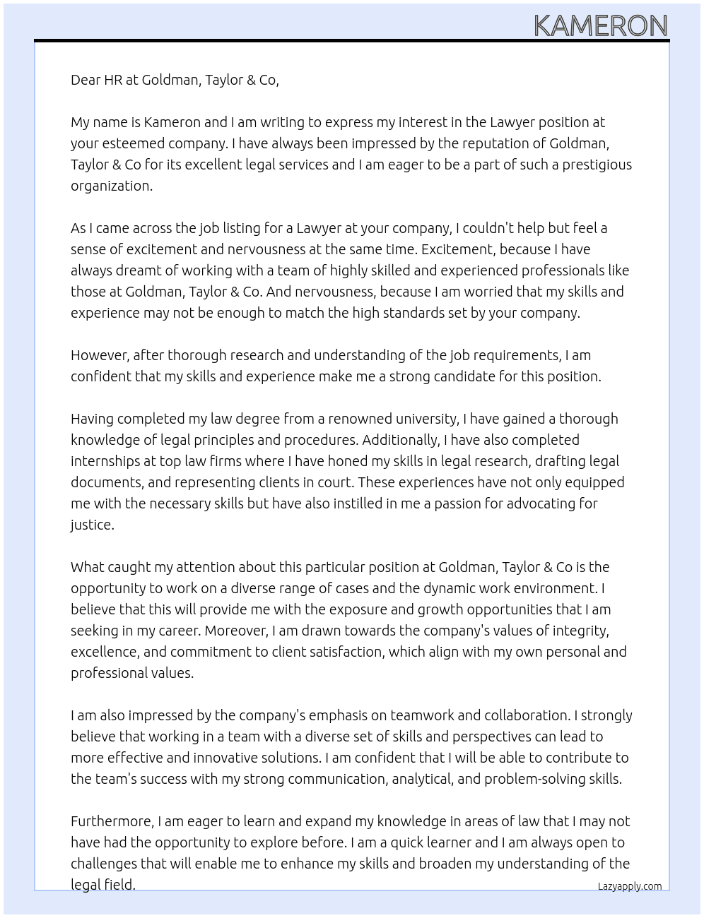 Lawyer At Goldman, Taylor & Co Cover Letter
