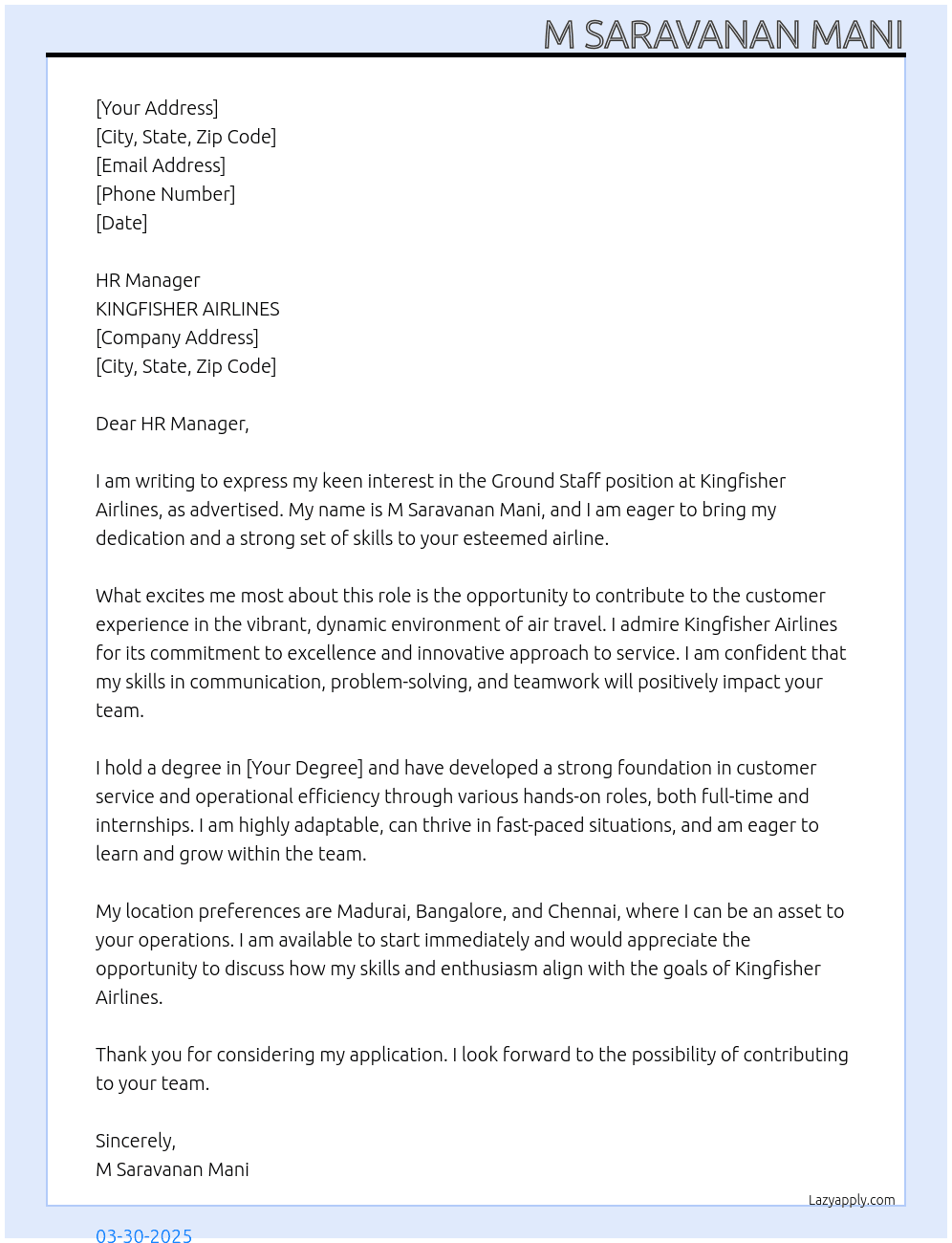 Ground staff At KINGFISHER AIRLINES  Cover Letter