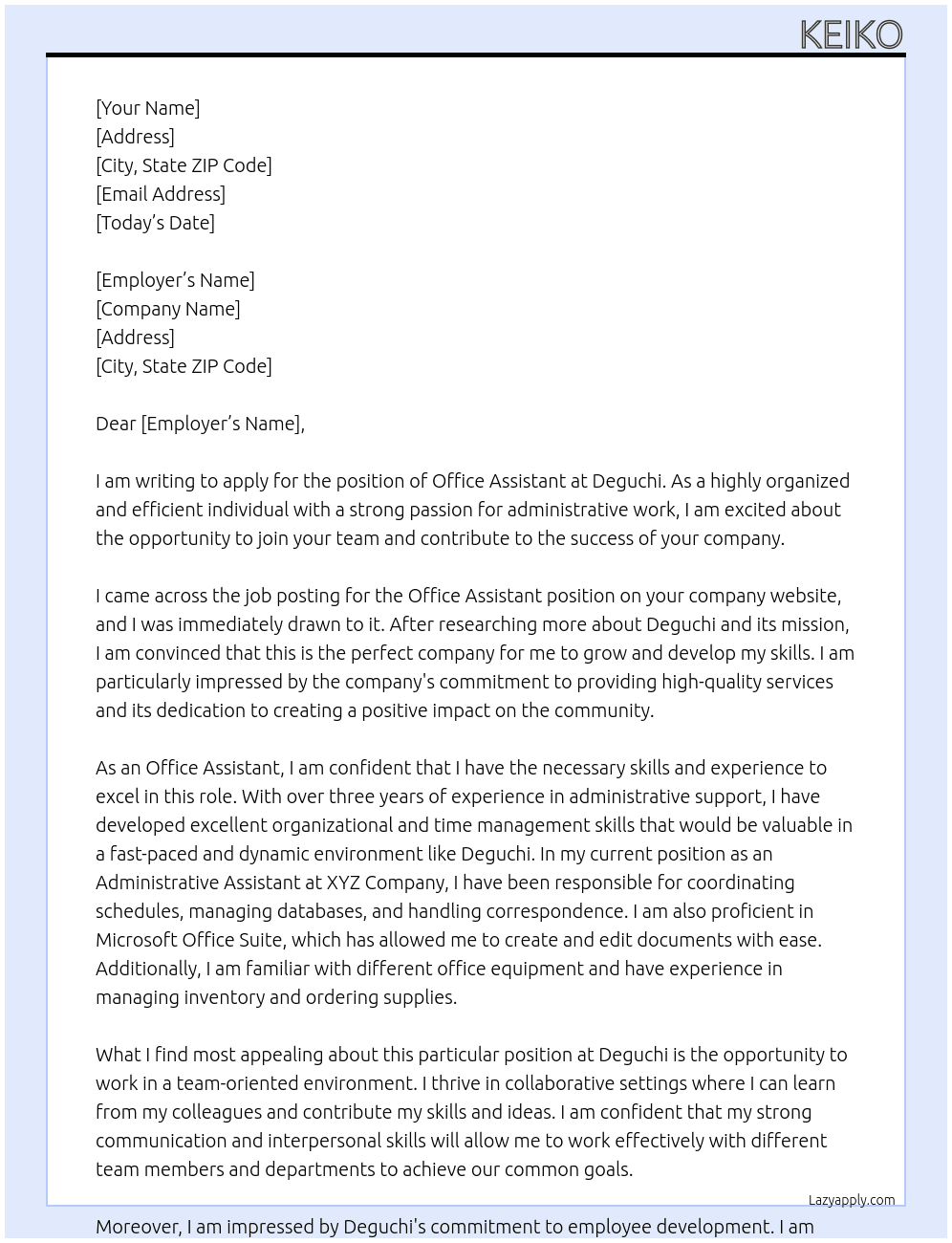 Office assistant At Deguchi Cover Letter