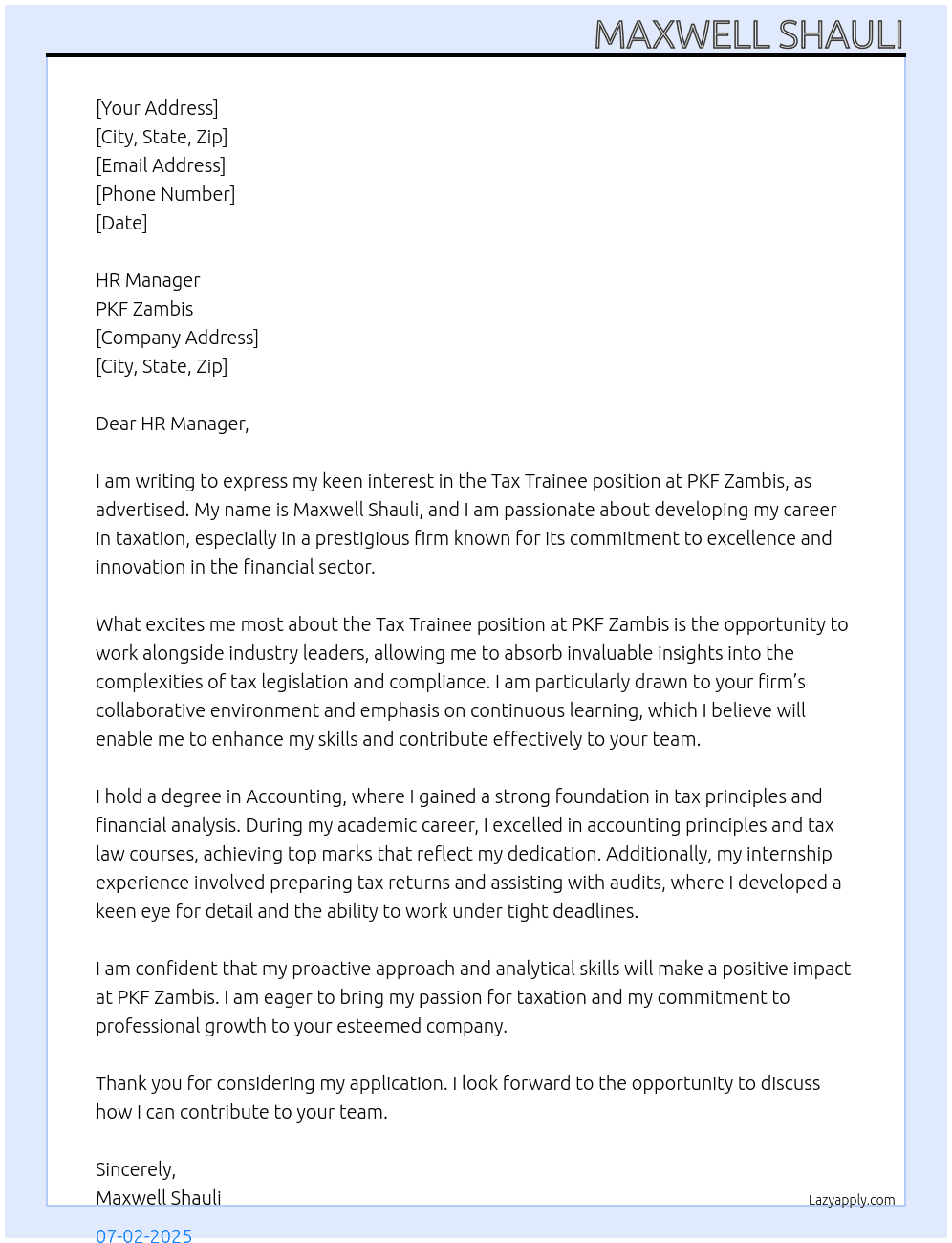 Cover letter for tax trainee - LazyApply